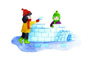 Kids Building Igloo - Watercolor Winter Art