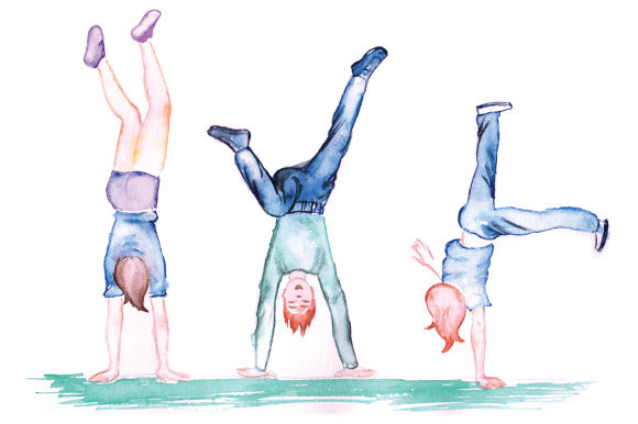 Kids Doing Handstands in Watercolor Style
