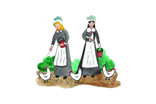Pilgrims Feeding Chickens Watercolor for Thanksgiving