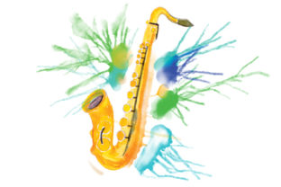 Saxophone in Paint Splatter Watercolor Style for Music