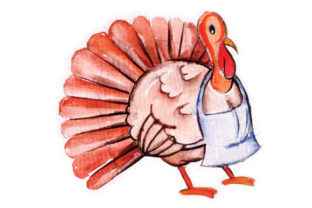 Turkey Wearing Apron in Watercolor for Thanksgiving
