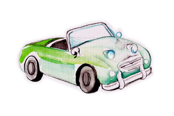 Watercolor Green Vintage Car for Garage Decor