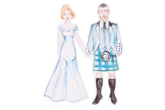 Watercolor Wedding Couple with Guy in Kilt Review